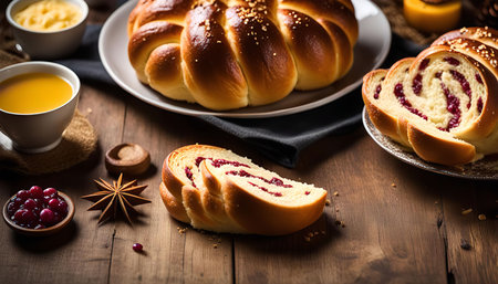 A close-up of a freshly baked cranberry bread, on a wooden background, with a swirl of cranberry jam in the center.の写真素材