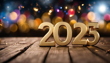 A golden 2025 number sitting on a rustic wooden table with a blurred out of focus bokeh background...