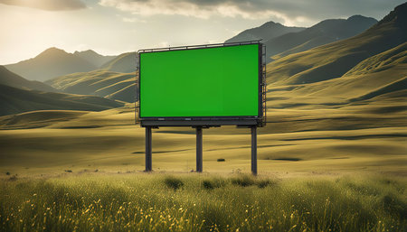 A billboard with a green screen stands in a green field. The sky is blue with a few white clouds. The mountains are visible in the background.の写真素材