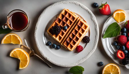 A close-up view of a plate of waffles, topped with blueberries, strawberries, raspberries, and blackberries, along with slices of orange. This tempting spread creates a vibrant and delicious breakfast or snack option.の写真素材