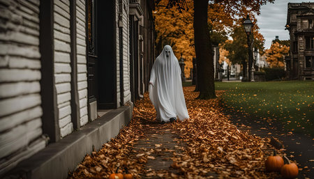 A ghostly figure in a white sheet walks down a sidewalk covered in autumn leaves, creating a spooky and eerie atmosphere.の写真素材