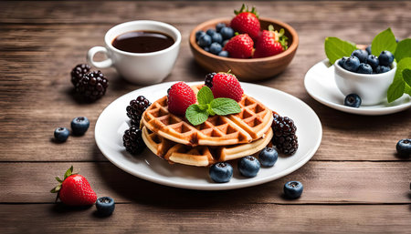 A plate of freshly made waffles topped with a variety of berries, including strawberries, blueberries, and blackberries. The waffles are served with a cup of coffee on a rustic wooden table.の写真素材
