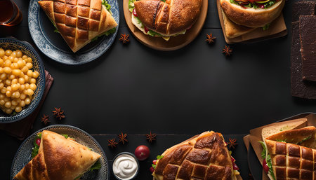 Delicious sandwiches arranged on a black wooden table with star anise spices. The sandwiches are topped with fresh tomatoes, lettuce, cheese and meat, and are ready to be served.の写真素材