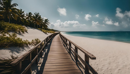 A wooden walkway leads to a pristine tropical beach with white sand, crystal clear turquoise water, palm trees and a beautiful blue sky with fluffy clouds. It is a picture perfect getaway destination.の写真素材