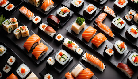 A close-up shot of a variety of sushi rolls, including salmon, cucumber, and avocado, arranged on black plates. The sushi rolls are presented in a visually appealing way, showing the vibrant colors and textures of the ingredients.の写真素材