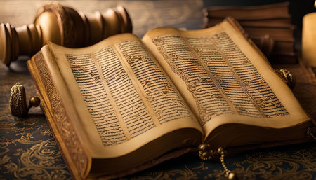 A close-up view of an ancient book with Arabic calligraphy. The pages are open, revealing the script...