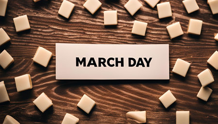 A white card with the words March Day written on it is placed on a wooden background surrounded by...