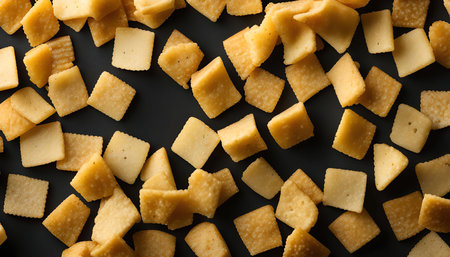A close-up image of crispy fried snacks arranged on a black background. The snacks are a variety of shapes and sizes, some square and some triangular, and have a golden-brown color.の写真素材