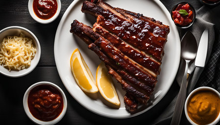 Close-up of a plate of delicious BBQ ribs with lemon slices and sauces, ready to be enjoyed. The...