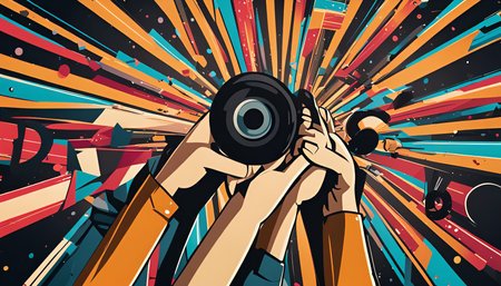 A close-up perspective of a camera lens held by two hands in an abstract, colorful, and dynamic environment. The illustration features a burst of vibrant colors, geometric shapes, and lines creating a sense of movement and energy.の写真素材