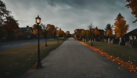 A single streetlamp stands on a paved path lined with trees in their autumn colors, the sky above is cloudy and overcast.の写真素材