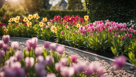 A vibrant garden filled with pink and yellow tulips, a perfect example of springtime's beauty and floral abundance.の写真素材