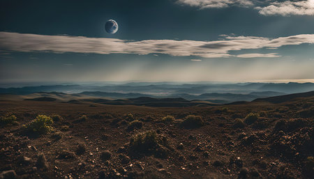 A panoramic landscape with blue sky, mountains, green grass, and a full moon in the sky.の写真素材