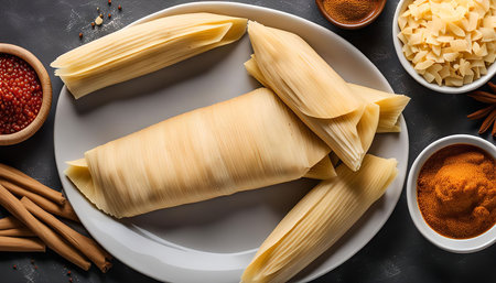 A close-up overhead shot of corn husks, ready for making tamales, on a white plate. The husks are laid out with the tips facing the camera. The scene is set with various ingredients for the filling and a hint of cinnamon sticks. This is an image that captures the essence of tamales - simple, yet delicious.の写真素材