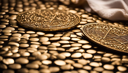 Two gold coins with intricate designs are lying on a bed of small, smooth golden pebbles. The coins are the main focus and they are shiny and reflect light.の写真素材