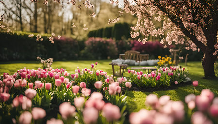 A beautiful spring garden scene with pink tulips in full bloom, a cherry blossom tree, and a lush green lawn.の写真素材