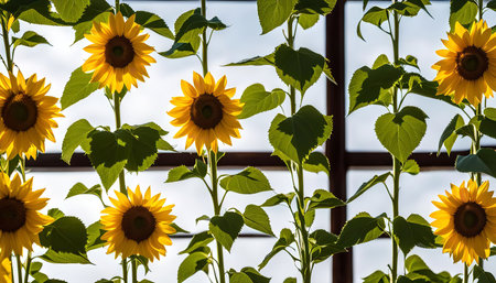 A close-up photograph of sunflowers growing against a windowpane, showing their bright yellow petals and green leaves in a vibrant and natural setting.の写真素材