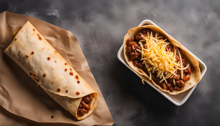 A chili cheese burrito and taco, both topped with cheese.の写真素材
