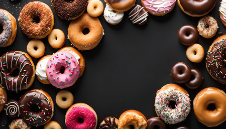 A variety of donuts on black background, some glazed with chocolate, sprinkles, and others are plain, a delicious treat to satisfy your sweet tooth.の写真素材