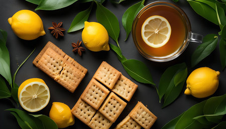 A flat lay showcasing a cup of lemon tea, biscuits, lemons and star anise on a dark background.の写真素材