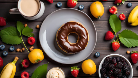 A delicious looking donut glazed in chocolate sits on a gray plate surrounded by a variety of fruits such as bananas, strawberries, blueberries and blackberries, shot from a top down perspective.の写真素材