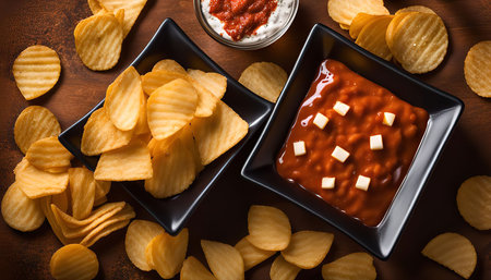 A bowl of red dip with white cheese cubes and scattered potato chips on a rustic wooden table, the...