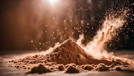 A close-up shot of chocolate powder exploding, creating a cloud of dust and small particles. The...