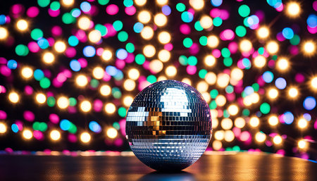 A disco ball sitting on a surface with colorful lights in the background.の写真素材