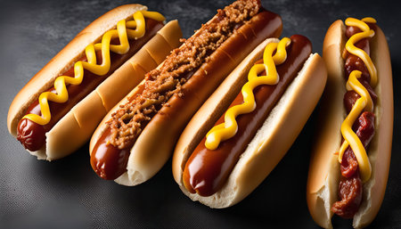 A closeup of three hot dogs, each topped with different sauces and ingredients. They look delicious and ready to eat.の写真素材