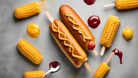 A close up shot of a corn dog and corn on a stick, set on a gray background, with all the classic toppings. The composition is playful and fun, perfect for a summer cookout or snack time.の写真素材