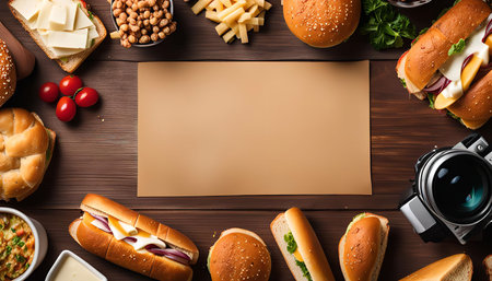 Overhead shot of a table with various fast food items arranged around a camera, creating a still life scene.の写真素材