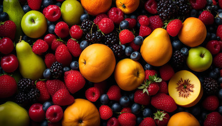 A vibrant and colorful still life featuring a variety of fresh fruits and berries, including red raspberries, blueberries, blackberries, green apples, pears, and oranges. The image showcases the beauty and freshness of natural production.の写真素材