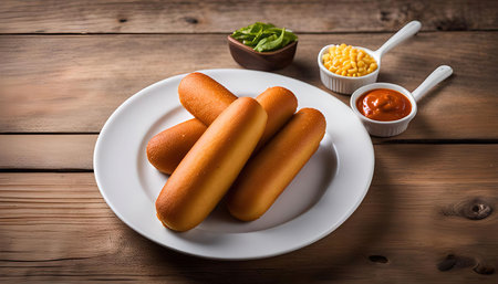 A plate of golden brown breadsticks on a wooden table, ready for dipping in delicious sauces.の写真素材