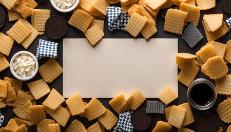 A flat lay of crispy, golden cookies surrounding a blank white card on a black background. The image is a simple and appealing representation of delicious snacks.の写真素材