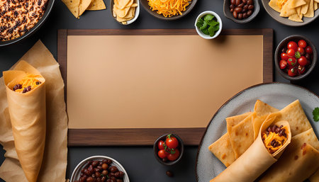 A delicious Mexican food spread with a burrito, chips, salsa, and other ingredients. A perfect meal for lunch or dinner.の写真素材