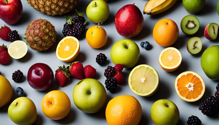 A captivating flat lay showcasing an assortment of vibrant fresh fruits and berries arranged on a...