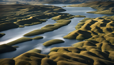 A stunning aerial photograph capturing a serene river winding through lush green hills, offering a captivating view of nature's beauty.の写真素材