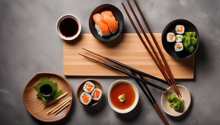 A flat lay of a sushi plate with different types of sushi, including salmon nigiri, maki rolls, and soy sauce, wasabi, and ginger. The plate is set on a wooden cutting board and gray background.の写真素材
