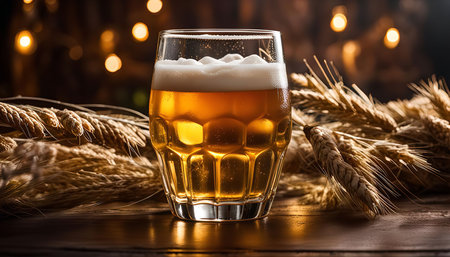 A glass of beer with a thick head of foam, illuminated by warm light, sits on a wooden table next to wheat stalks.の写真素材