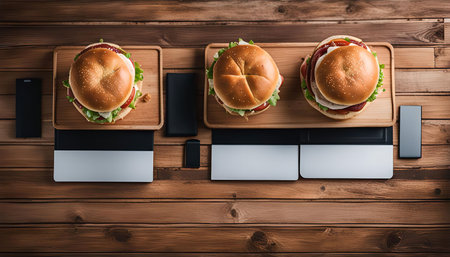 Three burgers arranged on a wooden table, viewed from above. The burgers have lettuce, tomato, and cheese, placed on wooden cutting boards.の写真素材