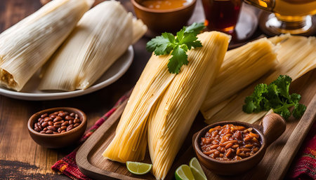 Close up of traditional Mexican tamales served with chili sauce and limes on a rustic wooden table.の写真素材