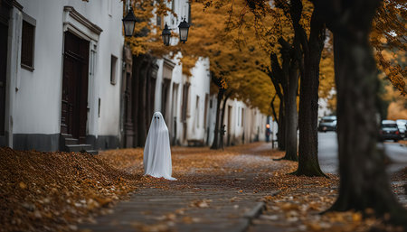 A ghost figure stands on a quiet street lined with autumn trees, creating a spooky atmosphere.の写真素材