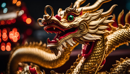 A close-up shot of a golden dragon statue intricately with details and a powerful presence.の写真素材