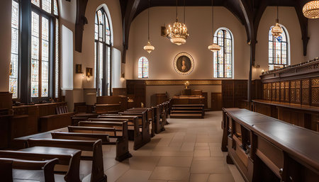 The interior of a church, showcasing wooden pews, stained glass windows, and an altar. The light streaming through the windows creates a sense of peace and tranquility.の写真素材