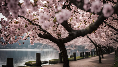 A picturesque scene of cherry blossoms in full bloom along a lakeside path. The pink flowers create a vibrant canopy, casting delicate shadows on the water.の写真素材