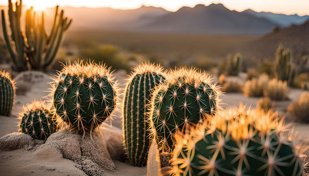 A group of cacti stand tall against the backdrop of a desert sunset, the golden light illuminating their spiky forms.の写真素材