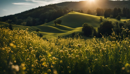 A picturesque landscape of rolling hills and fields of wildflowers bathed in the golden light of sunset. The sun casts long shadows across the grassy hills, creating a warm and inviting atmosphere.の写真素材