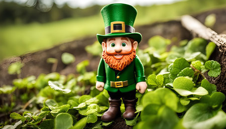 A close-up view of a cheerful leprechaun toy figurine standing in a lush green garden. The leprechaun is wearing a traditional green hat and suit, with a red beard. He looks happy and inviting, suggesting a playful and whimsical theme.の写真素材