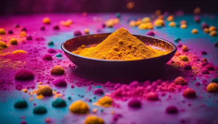 A bowl of turmeric powder on a colorful background with pink, blue and green powder. The powder is bright yellow and the background is vibrant and colorful, celebrating the joy of Holi festivalの写真素材