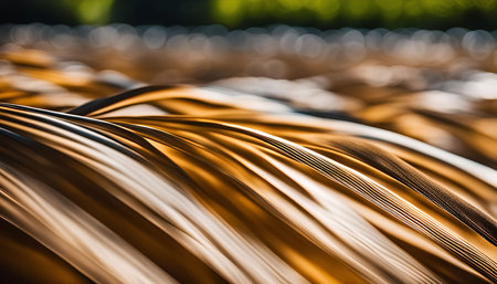 A close-up shot of golden grass blades bathed in sunlight, showing the intricate textures and patterns of nature.の写真素材